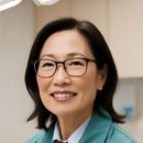 Dentist wearing glasses smiling.